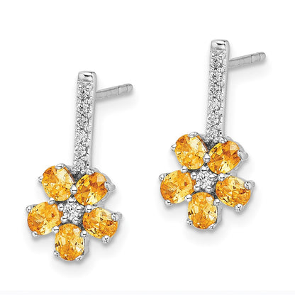 Solid 14k White Gold Simulated CZ Citrine Flower Earrings