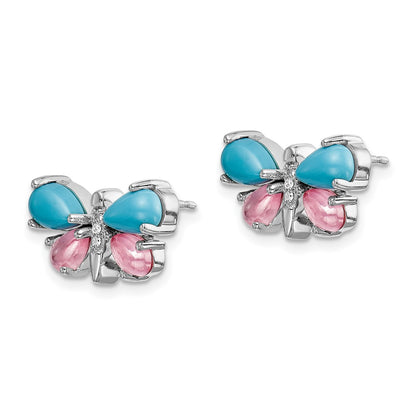 Solid 14k White Gold Simulated CZ Simulated/Simulated Turquoise Simulated/Rose Quartz Butterfly Earrings