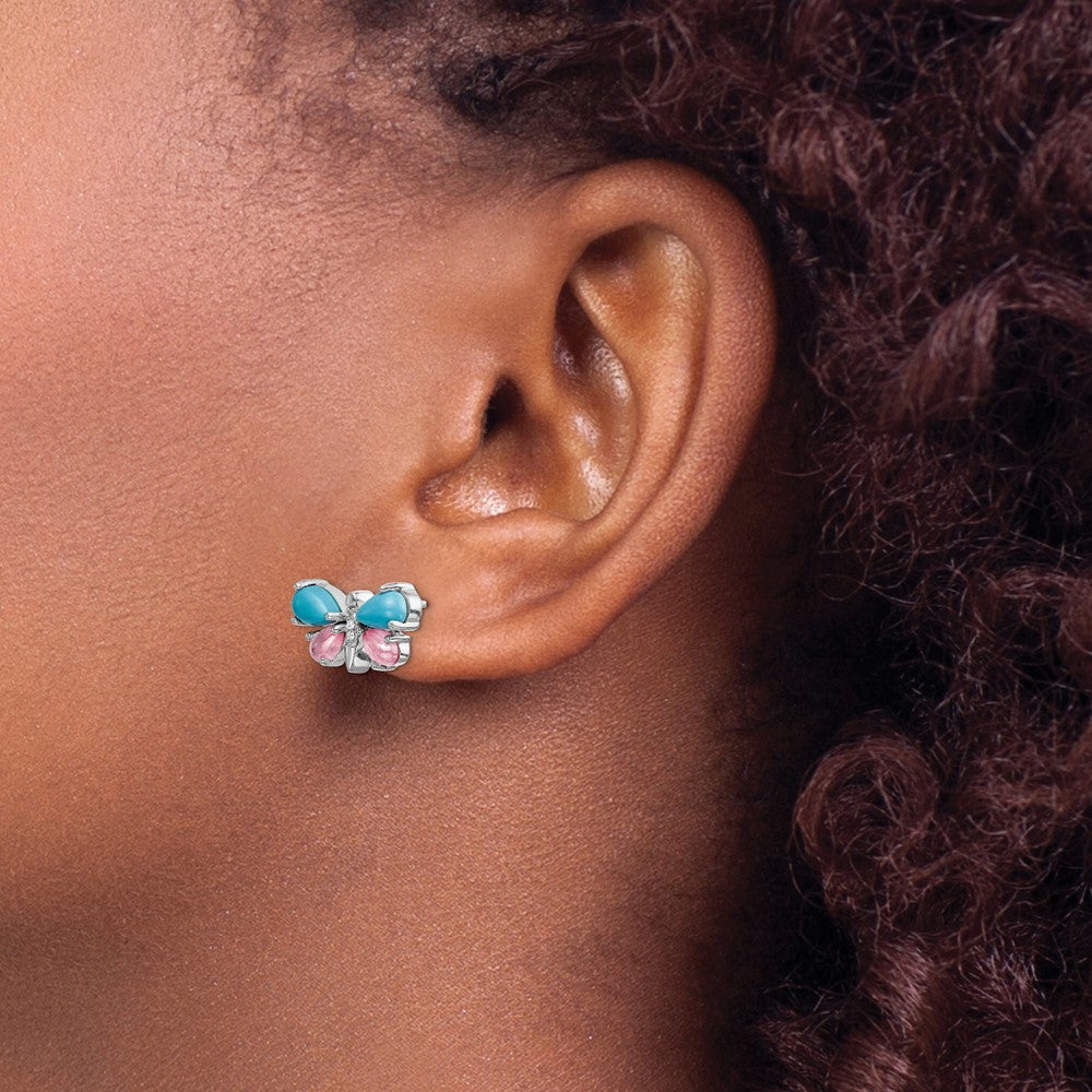 Solid 14k White Gold Simulated CZ Simulated/Simulated Turquoise Simulated/Rose Quartz Butterfly Earrings