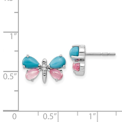 Solid 14k White Gold Simulated CZ Simulated/Simulated Turquoise Simulated/Rose Quartz Butterfly Earrings
