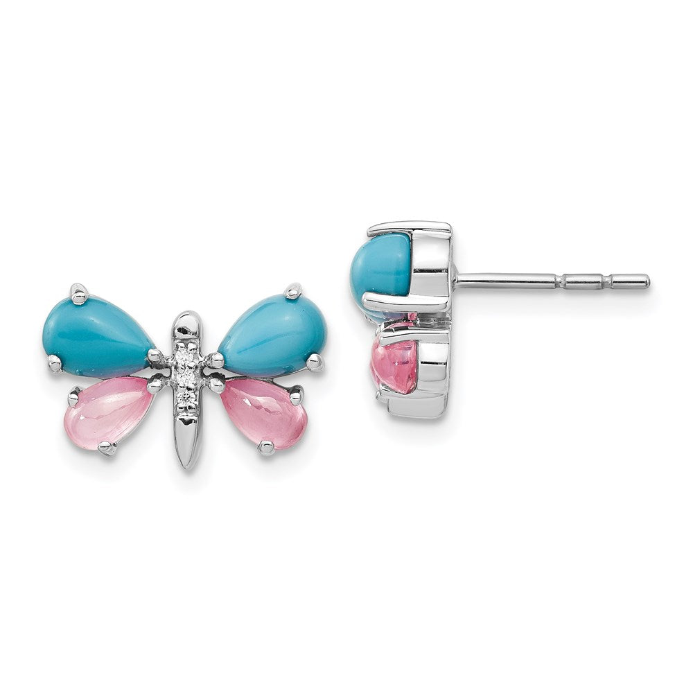 14k White Gold Real Diamond/Turquoise/Rose Quartz Butterfly Earrings EM4390-002-WA