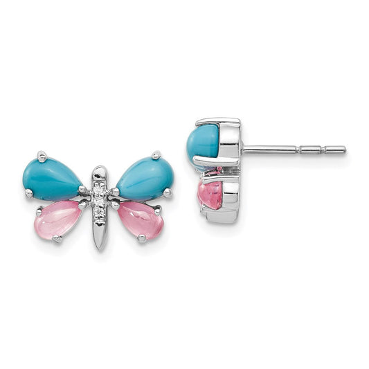 14k White Gold Real Diamond/Turquoise/Rose Quartz Butterfly Earrings EM4390-002-WA