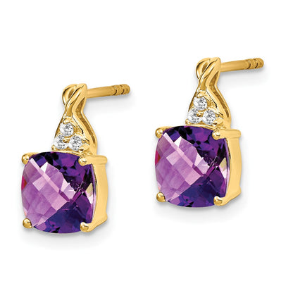 Solid 14k Yellow Gold ChecKerboard Simulated Amethyst and CZ Earrings