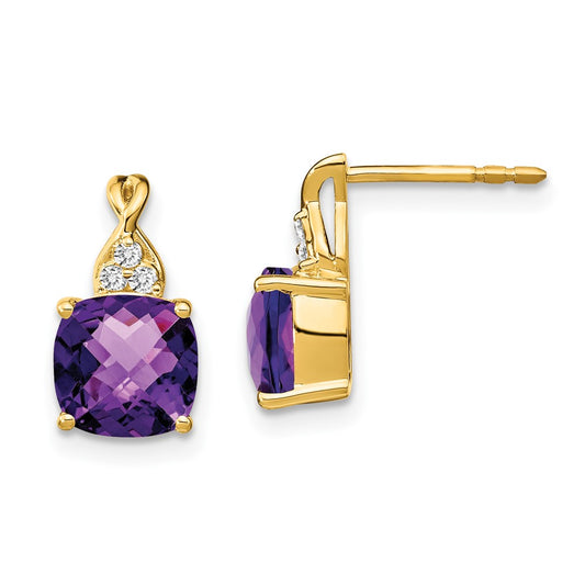 Solid 14k Yellow Gold ChecKerboard Simulated Amethyst and CZ Earrings