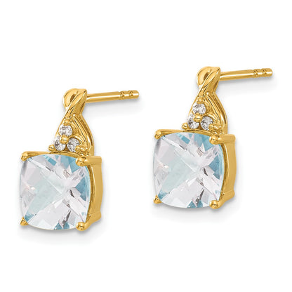Solid 14k Yellow Gold ChecKerboard Simulated Aquamarine and CZ Earrings