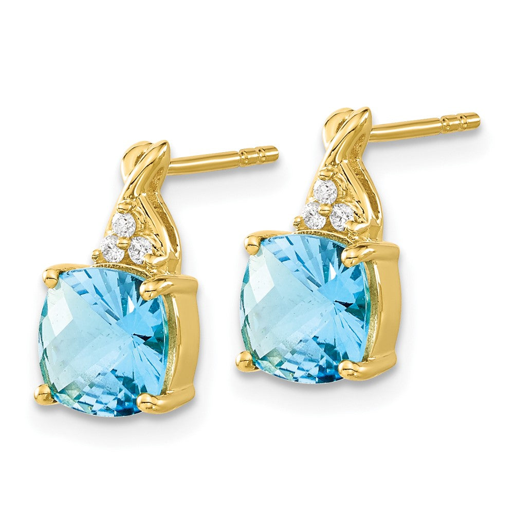 Solid 14k Yellow Gold ChecKerboard Simulated Blue Topaz and CZ Earrings
