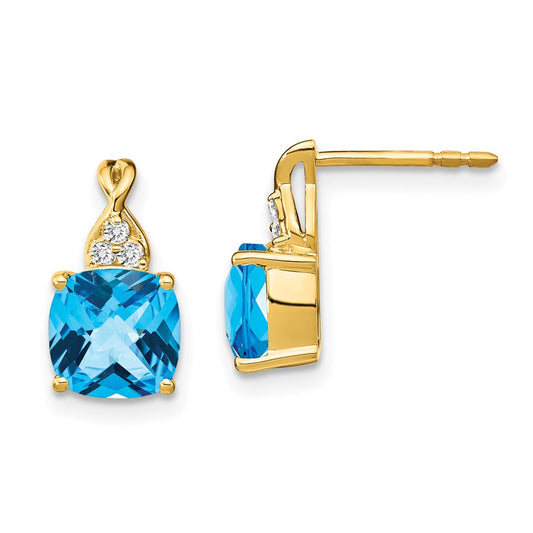 14k Yellow Gold Checkerboard Blue Topaz and Real Diamond Earrings EM4393-BT-006-YA