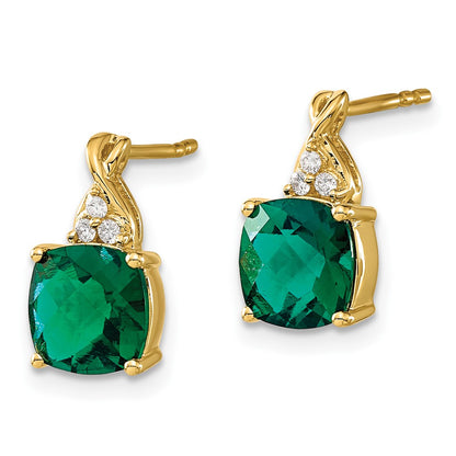 Solid 14k Yellow Gold ChecKerboard Created Simulated Emerald and CZ Earrings