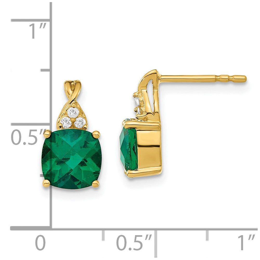Solid 14k Yellow Gold ChecKerboard Created Simulated Emerald and CZ Earrings