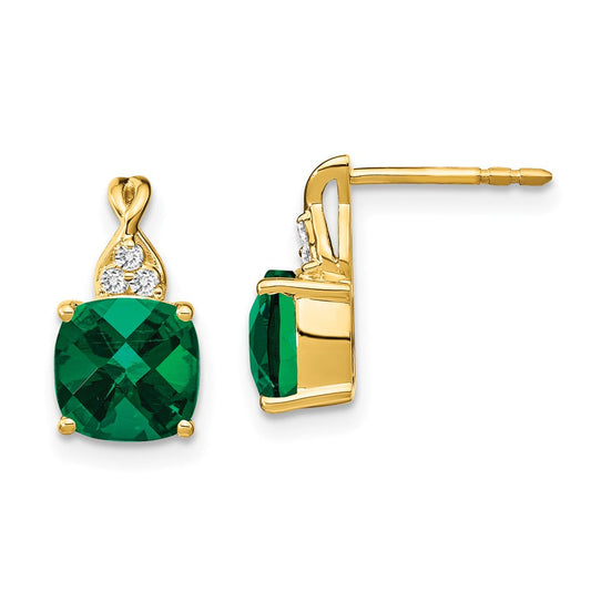 14k Yellow Gold Checkerboard Created Emerald and Real Diamond Earrings EM4393-CEM-006-YA