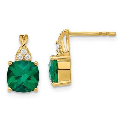 Solid 14k Yellow Gold ChecKerboard Created Simulated Emerald and CZ Earrings