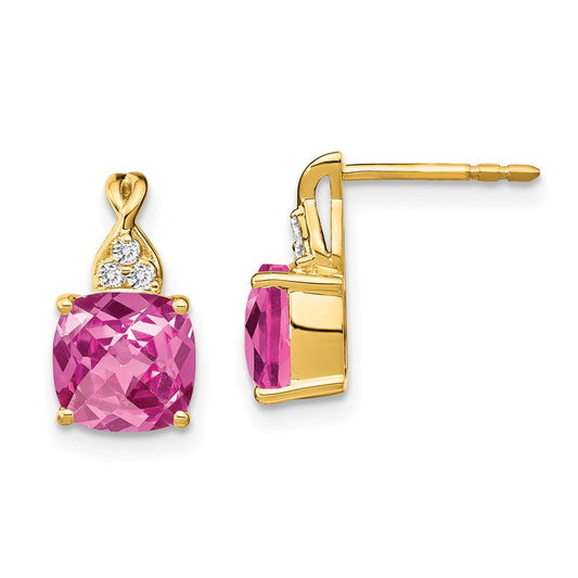 14k Yellow Gold Checkerboard Created Pink Sapphire and Real Diamond Earrings EM4393-CPS-006-YA