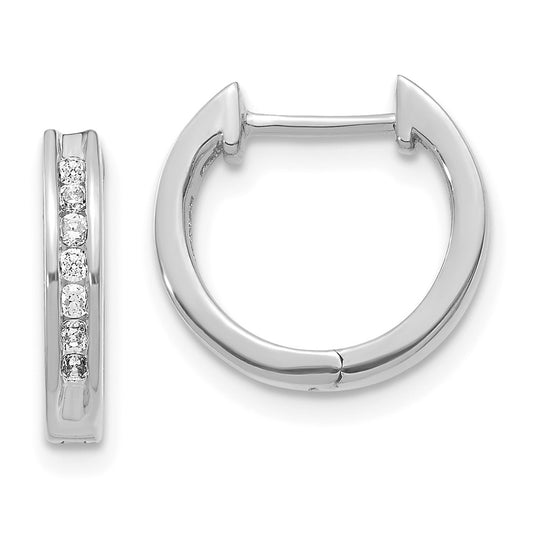 Solid 14k White Gold Simulated CZ Hinged Hoop Earrings