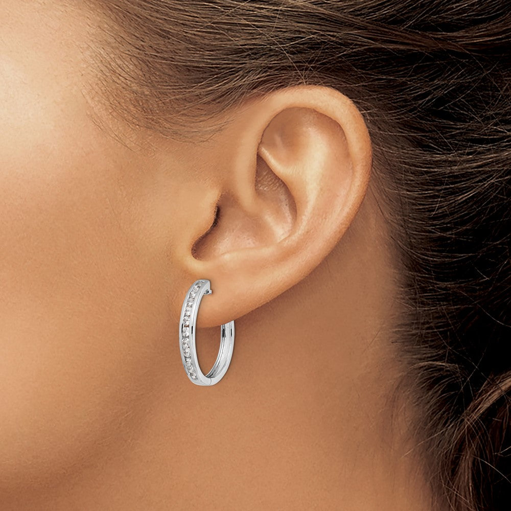 Solid 14k White Gold Simulated CZ Hinged Hoop Earrings