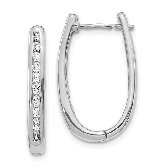 Solid 14k White Gold Simulated CZ Oval Hinged Hoop Earrings
