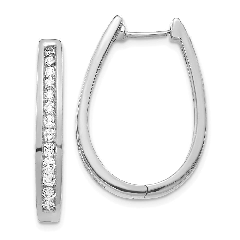 Solid 14k White Gold Simulated CZ Oval Hinged Hoop Earrings