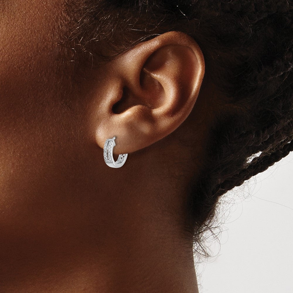 Solid 14k White Gold Simulated CZ Hinged Round Hoop Earrings