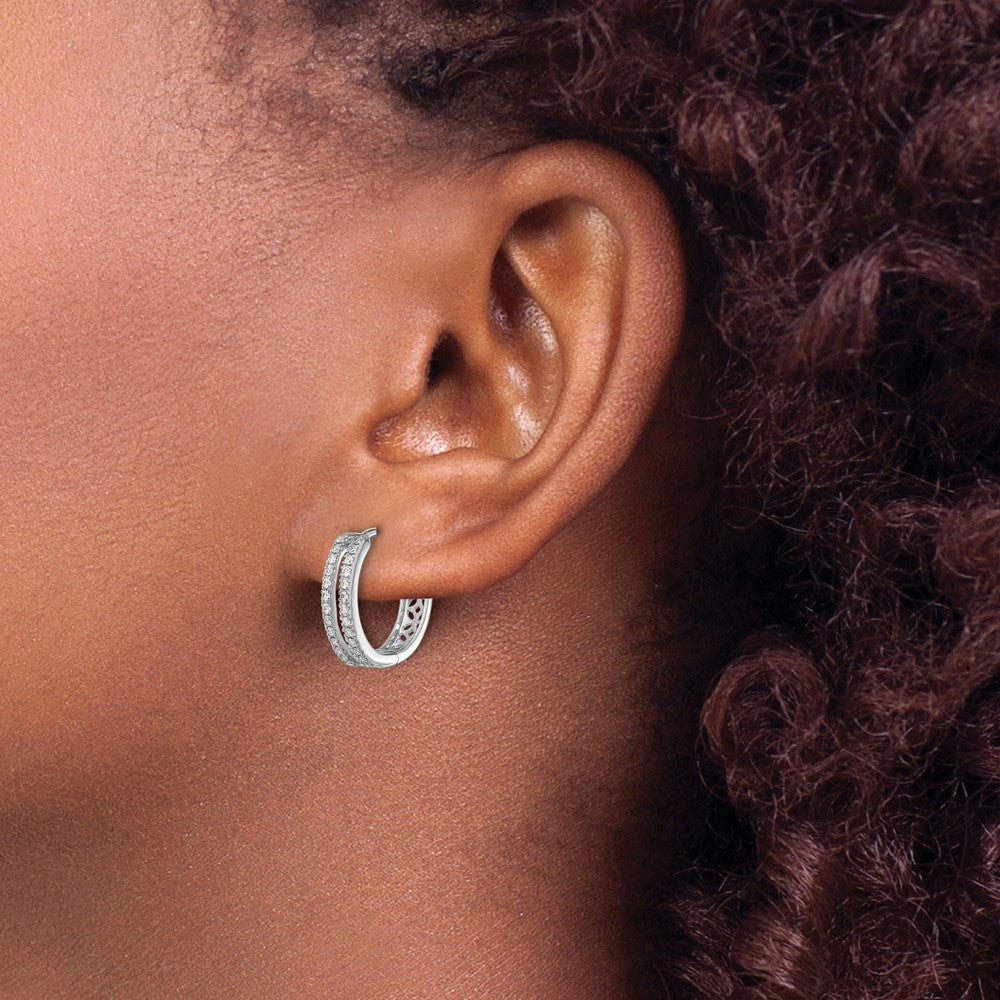 Solid 14k White Gold Simulated CZ Hinged Round Hoop Earrings