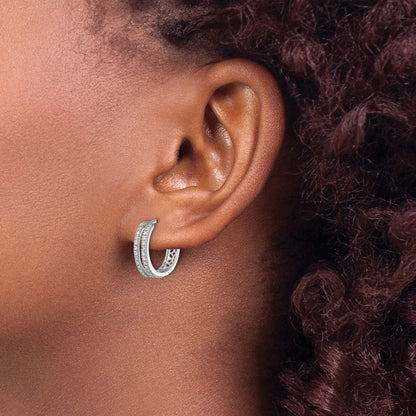 Solid 14k White Gold Simulated CZ Hinged Round Hoop Earrings