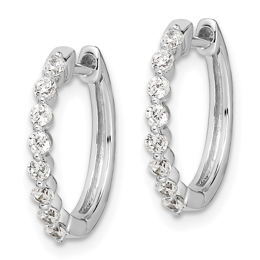 Solid 14k White Gold Simulated CZ Hinged Hoop Earrings