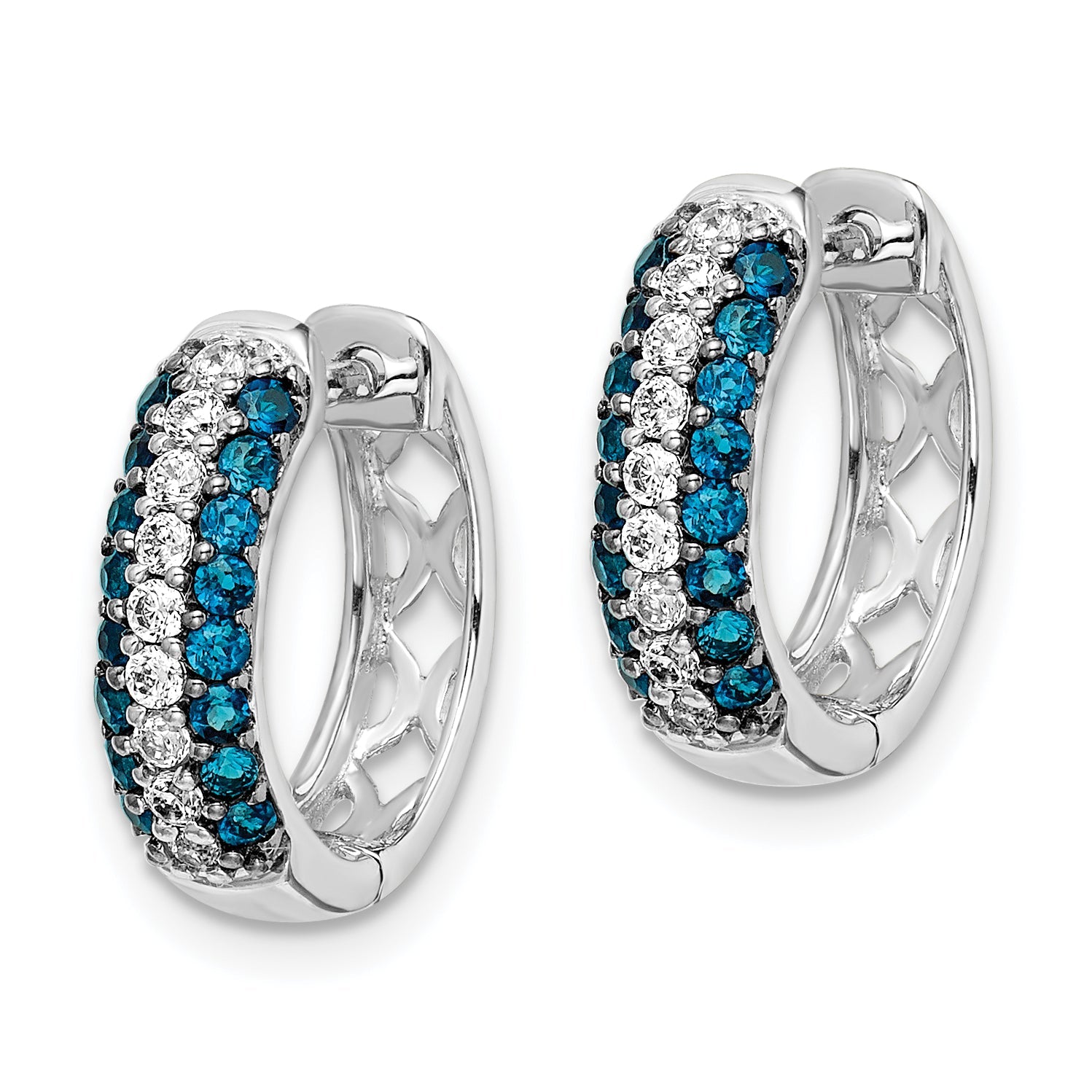 Solid 14k White Gold and Blue Simulated CZ Hinged Hoop Earrings