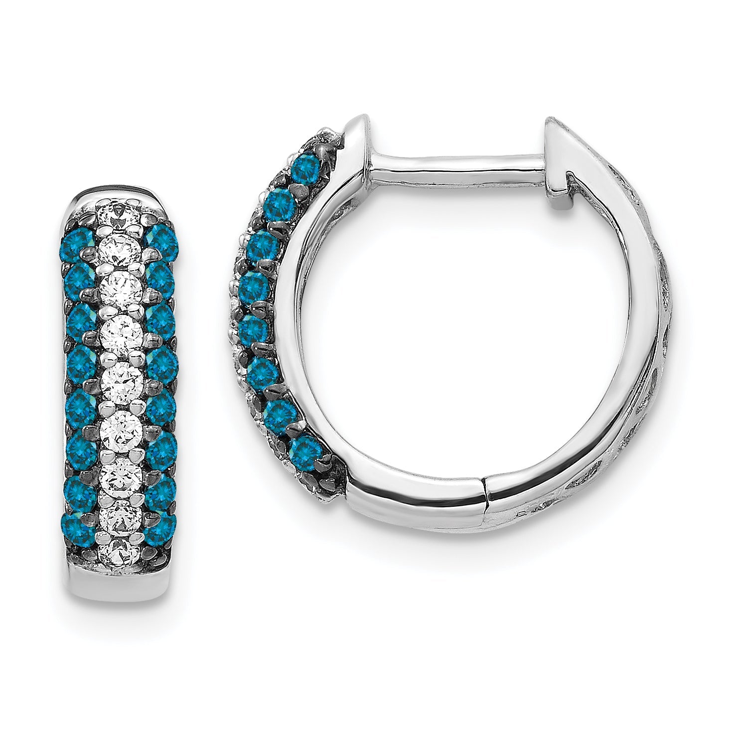 Solid 14k White Gold and Blue Simulated CZ Hinged Hoop Earrings