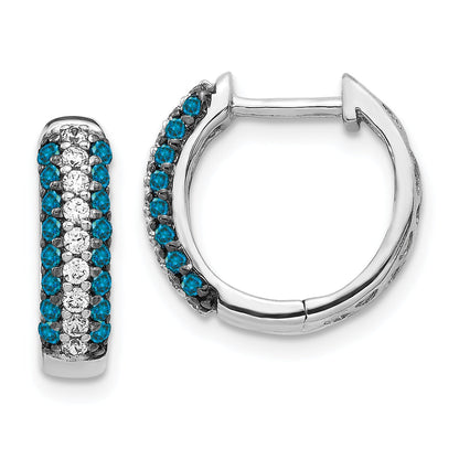 Solid 14k White Gold and Blue Simulated CZ Hinged Hoop Earrings