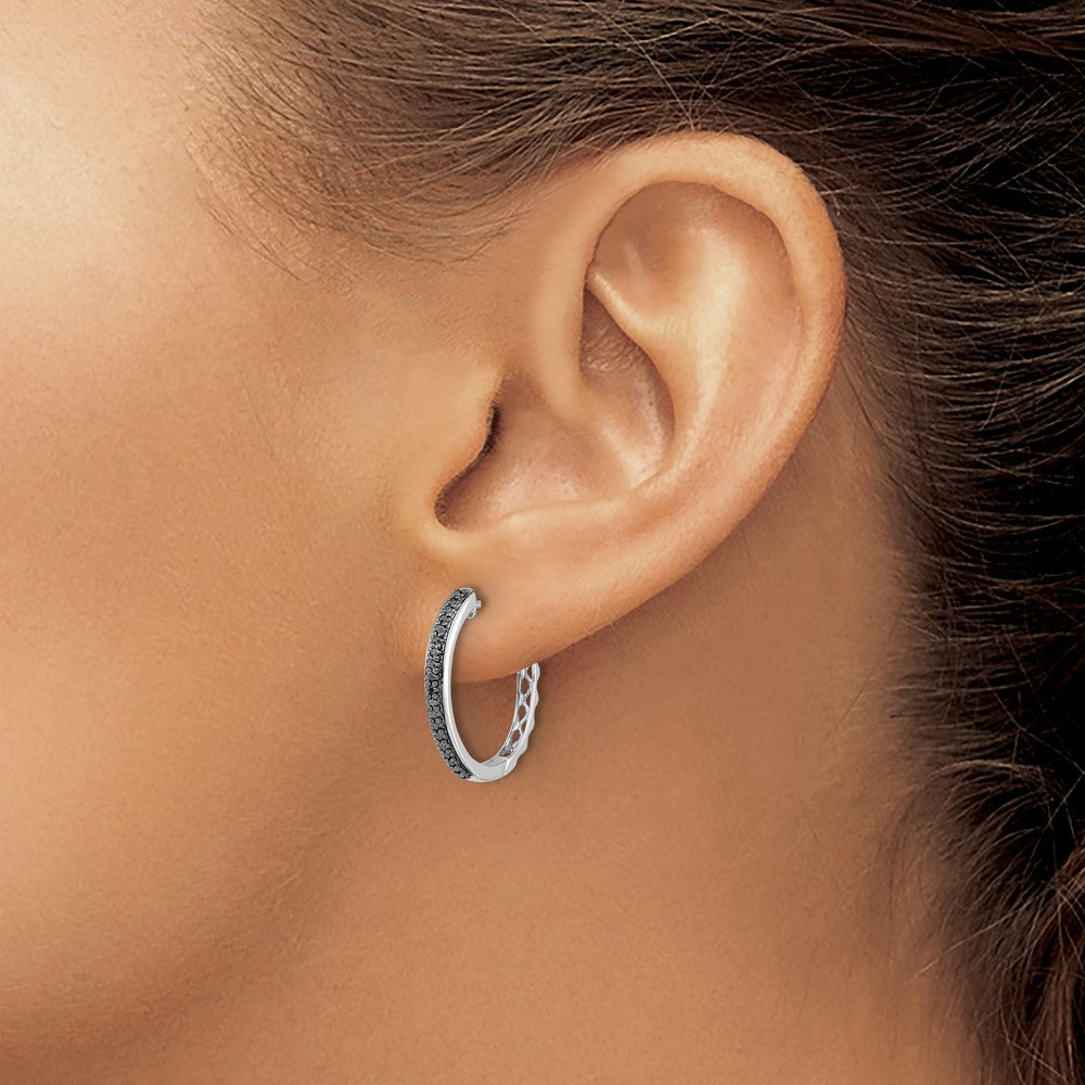 Solid 14k White Gold BlacK Simulated CZ 2mm Hinged Hoop Earrings