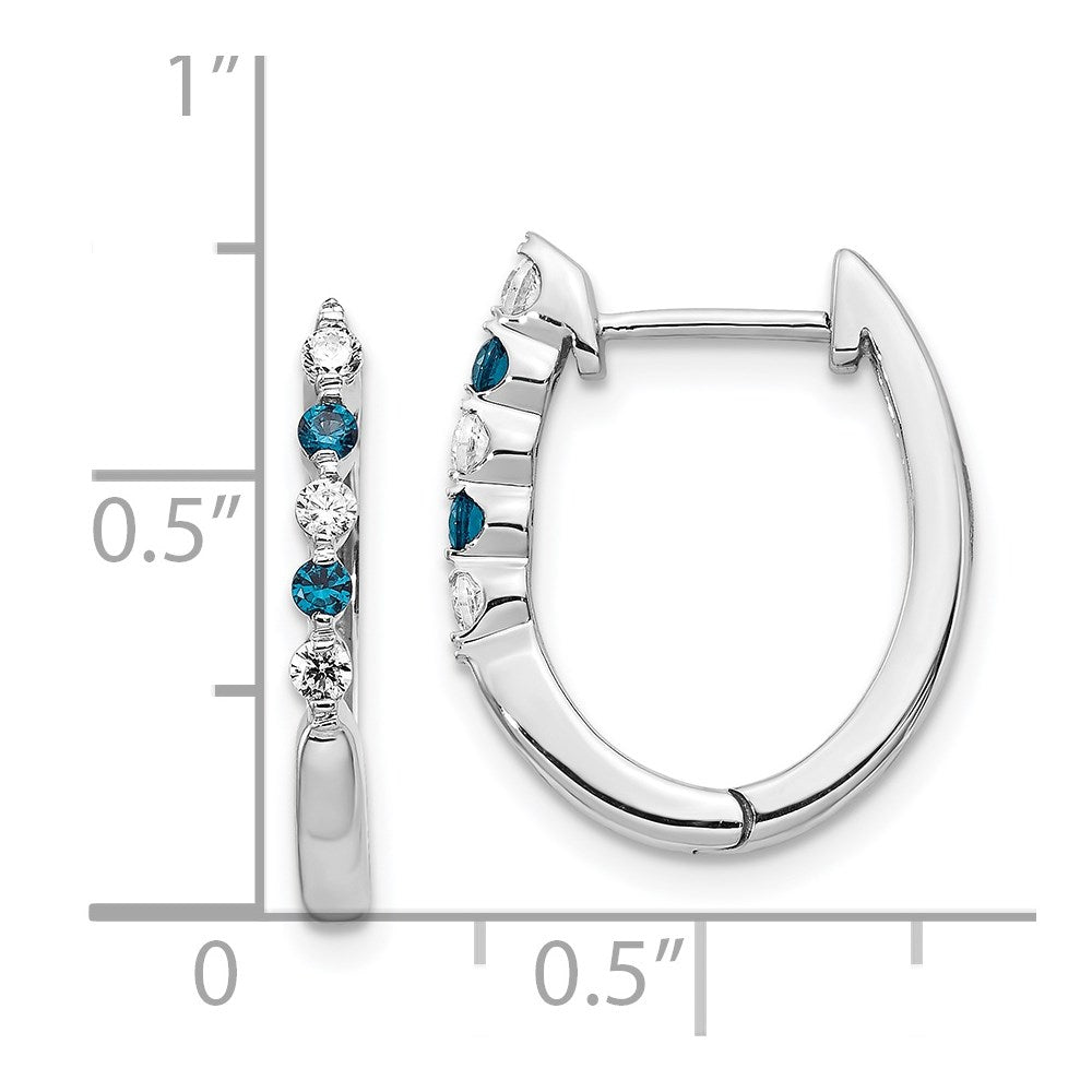 Solid 14k White Gold Blue/White Simulated CZ Hinged Hoop Earrings