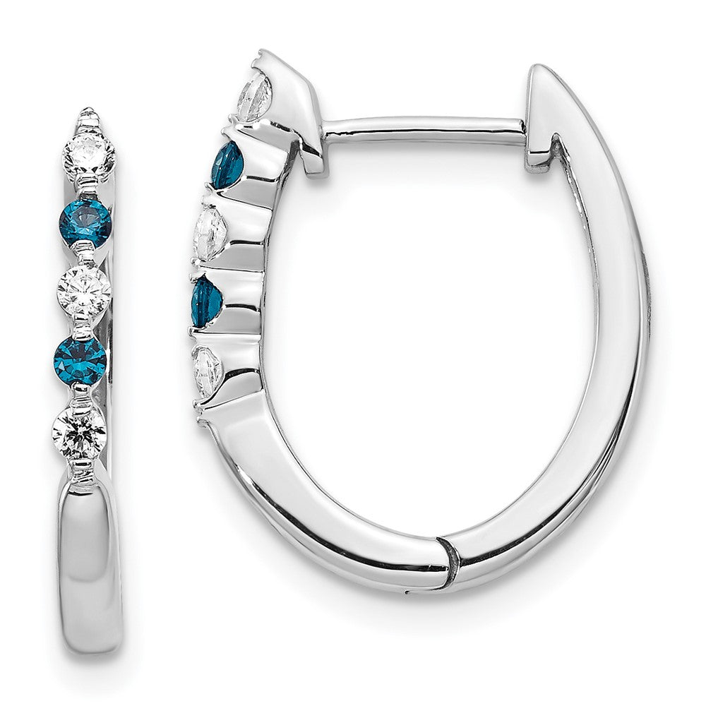 Solid 14k White Gold Blue/White Simulated CZ Hinged Hoop Earrings