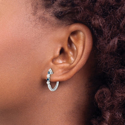 Solid 14k White Gold Blue/White Simulated CZ Hinged Hoop Earrings