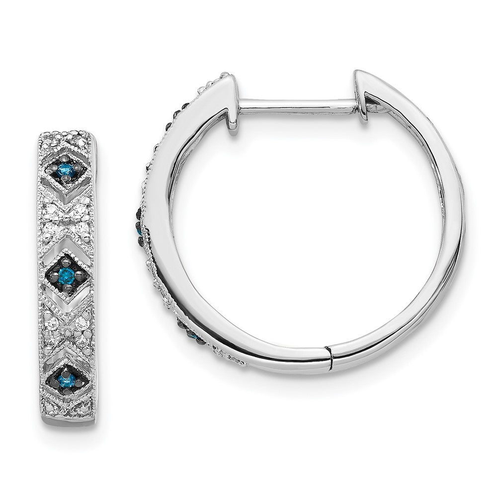 Solid 14k White Gold Blue/White Simulated CZ Hinged Hoop Earrings