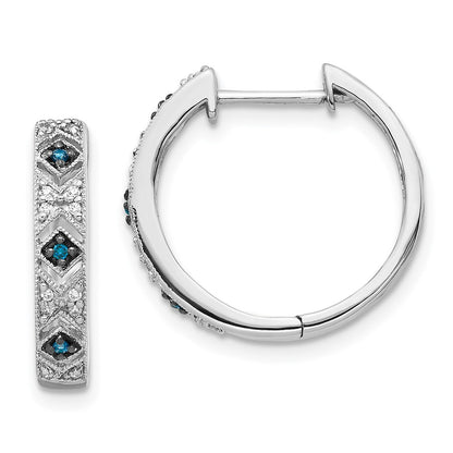 Solid 14k White Gold Blue/White Simulated CZ Hinged Hoop Earrings