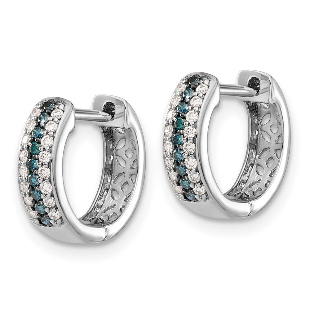 Solid 14k White Gold Blue and Simulated CZ Hinged Hoop Earrings