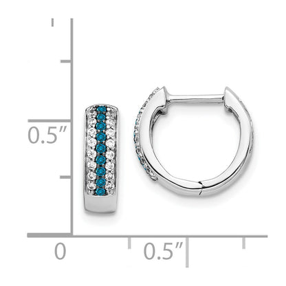 Solid 14k White Gold Blue and Simulated CZ Hinged Hoop Earrings