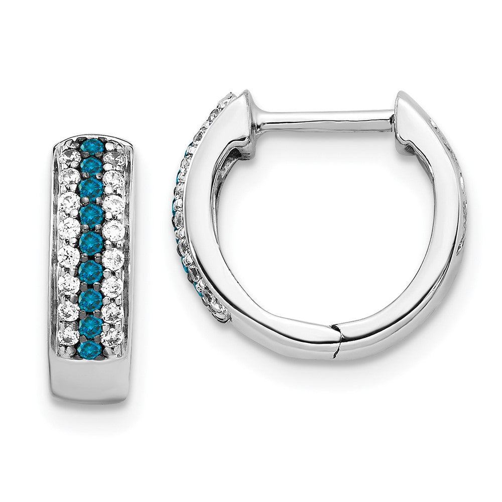 Solid 14k White Gold Blue and Simulated CZ Hinged Hoop Earrings