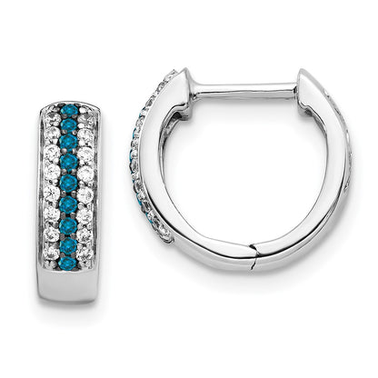 Solid 14k White Gold Blue and Simulated CZ Hinged Hoop Earrings
