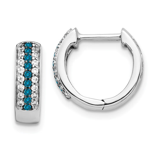 Solid 14k White Gold Blue and Simulated CZ Hinged Hoop Earrings