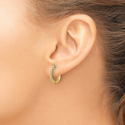 Solid 14k Yellow Gold Simulated CZ Hinged Hoop Earrings