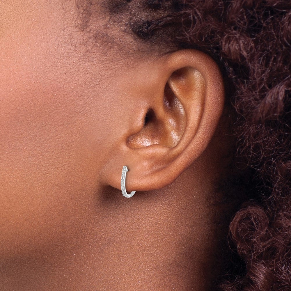 Solid 14k White Gold Simulated CZ Hinged Hoop Earrings