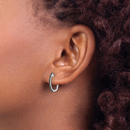 Solid 14k White Gold BlacK Simulated CZ 1.3mm Hinged Hoop Earrings