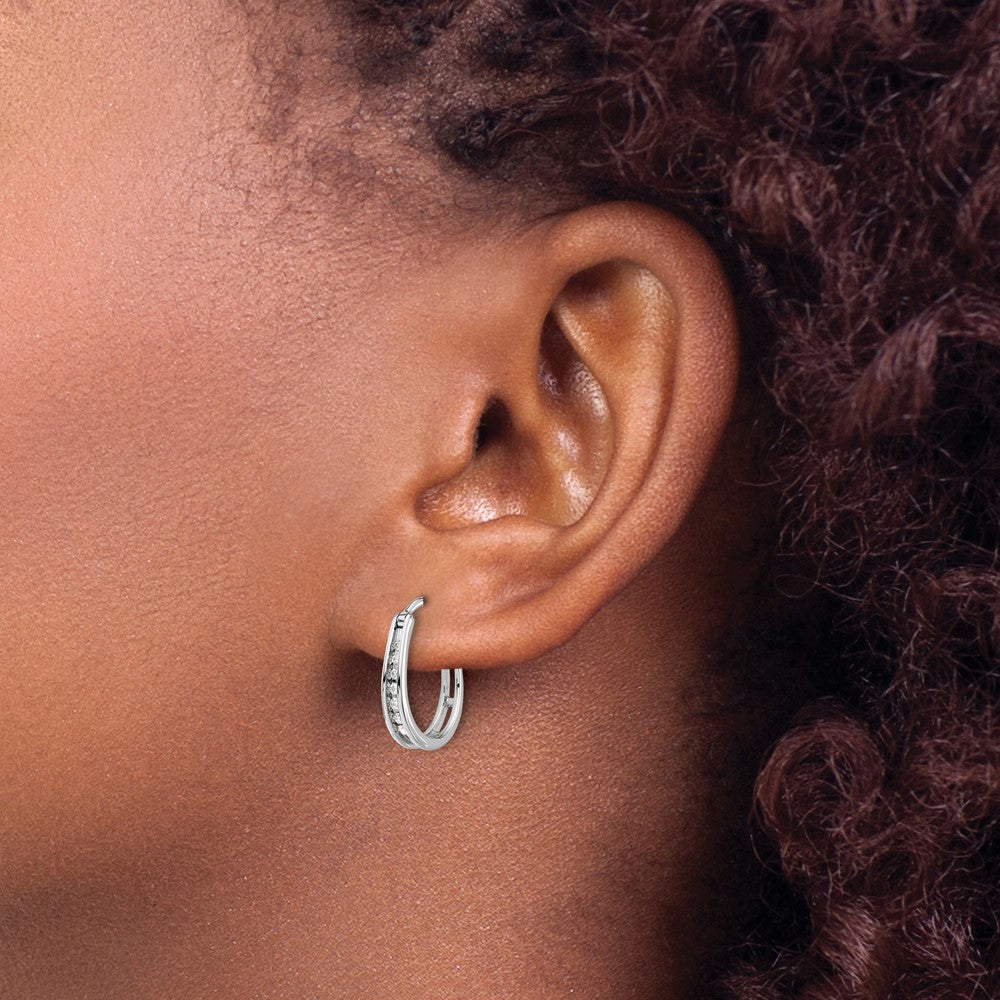 Solid 14k White Gold Simulated CZ Oval Hinged Hoop Earrings