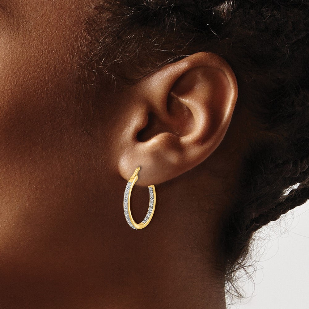 Solid 14k Yellow Gold Simulated CZ In/Out Hoop Earrings