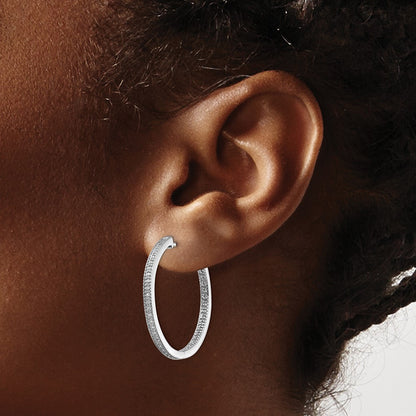 Solid 14k White Gold Polished Simulated CZ In/Out Hinged Hoop Earrings