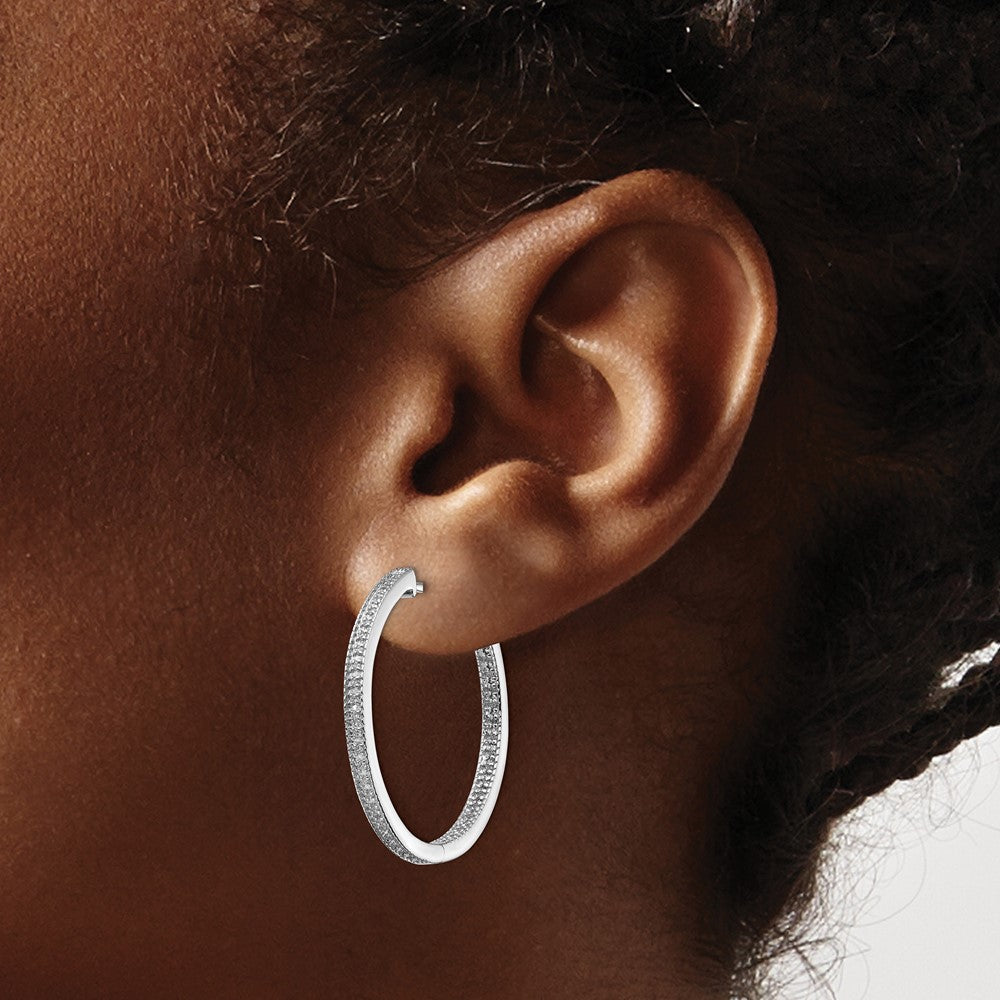 Solid 14k White Gold Polished Simulated CZ In/Out Hinged Hoop Earrings