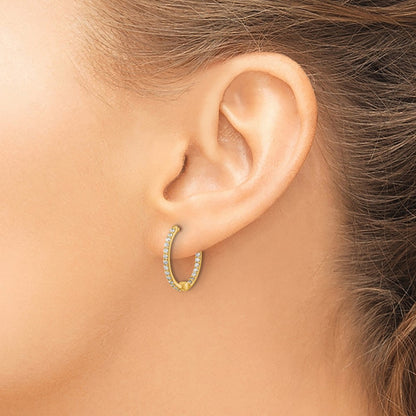 Solid 14k Yellow Gold Simulated CZ In/Out Hinged Hoop Earrings