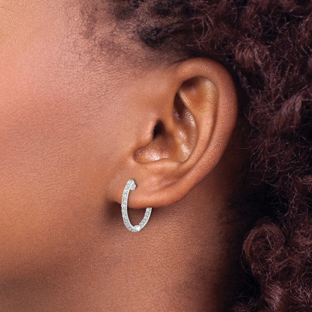 Solid 14k White Gold Simulated CZ In/Out Hinged Hoop Earrings