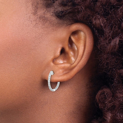 Solid 14k White Gold Simulated CZ In/Out Hinged Hoop Earrings