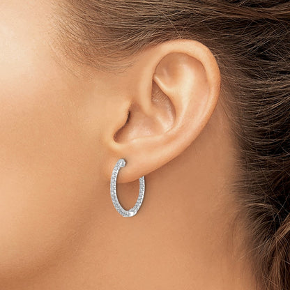 Solid 14k White Gold Polished Simulated CZ In/Out Hinged Hoop Earrings