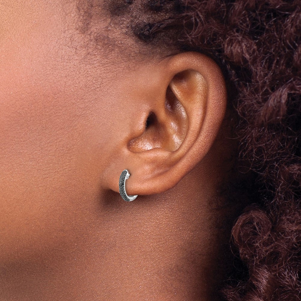 Solid 14k White Gold BlacK Simulated CZ Hinged Hoop Earrings